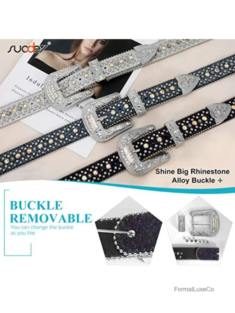 Western Rhinestone Crystal Studded Faux Leather Belt Luxury